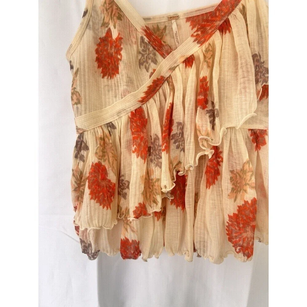Free People Melbourne Ruffle Ribbed Tank Frilly Floral Tiered Fairy Size Medium